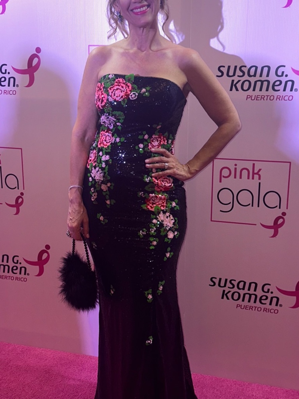 Cinderella Black Strapless Sequin Gown with Pink Floral Embroidery